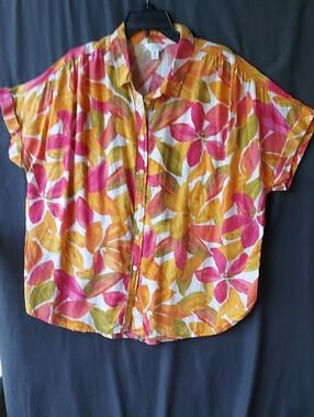 Bright Floral Button-Up Shirt in Pink, Orange, Green 53% Linen